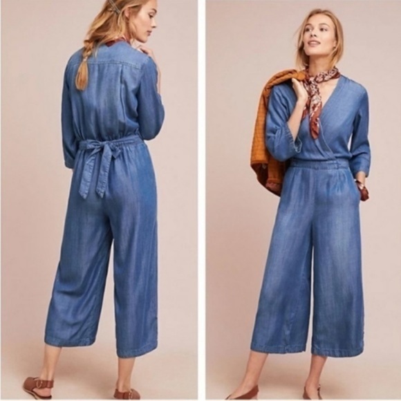 Anthropologie Cloth & Stone Chambray Soft Denim Tie Wide Leg jumpsuit - Picture 2 of 2